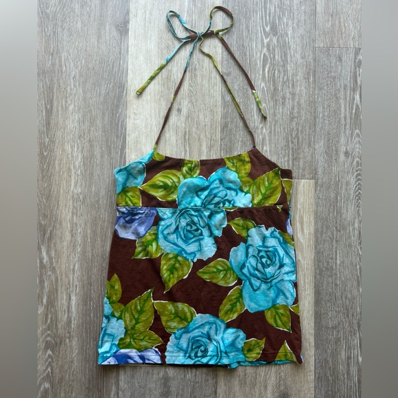 Y2K BCBGMaxazria Brown Blue Floral Boho Halter Top Size S - Picture 3 of 8